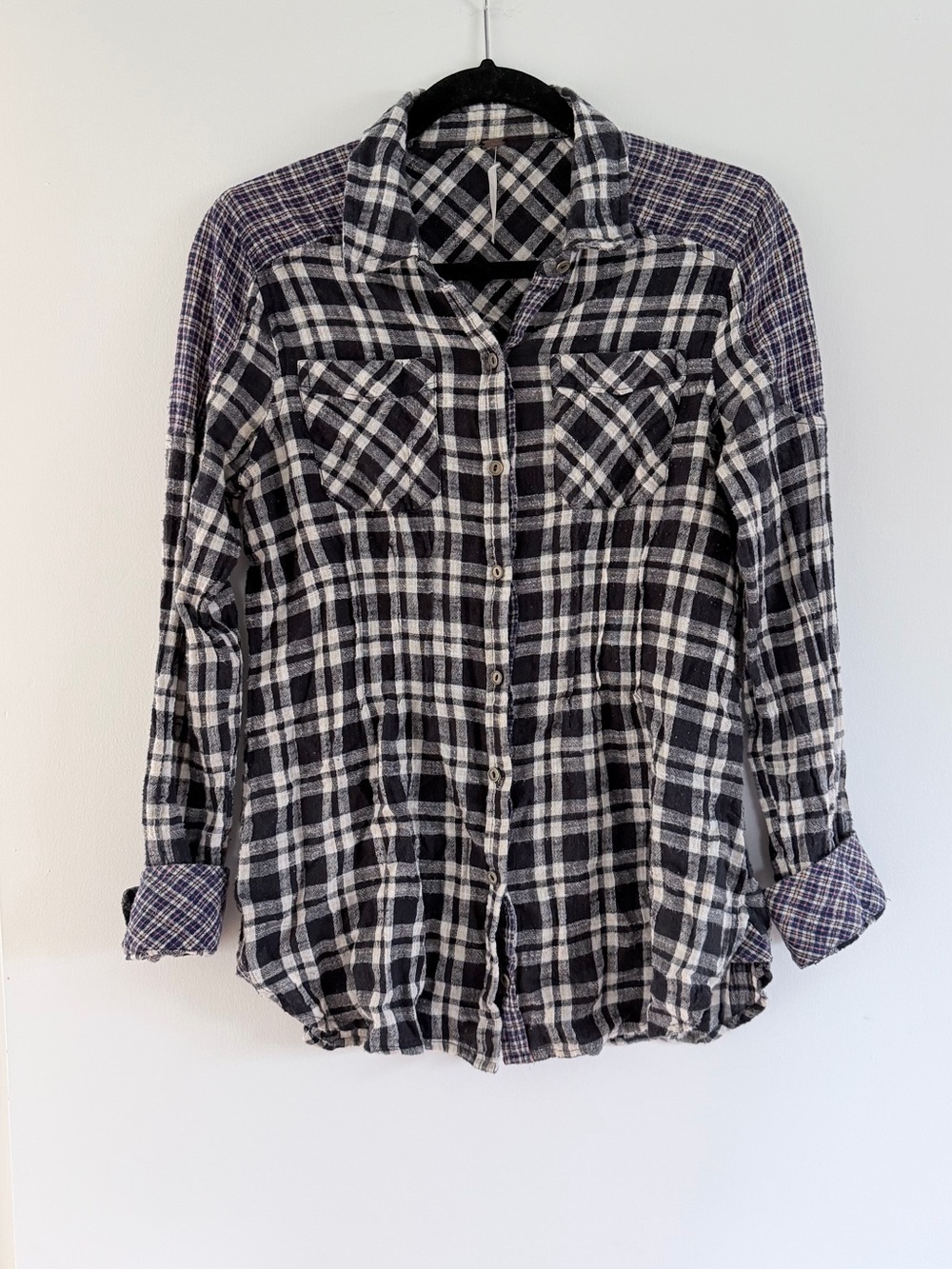 Free People Mixed Plaid Patchwork Crinkle Flannel Button Down Shirt Top Size S